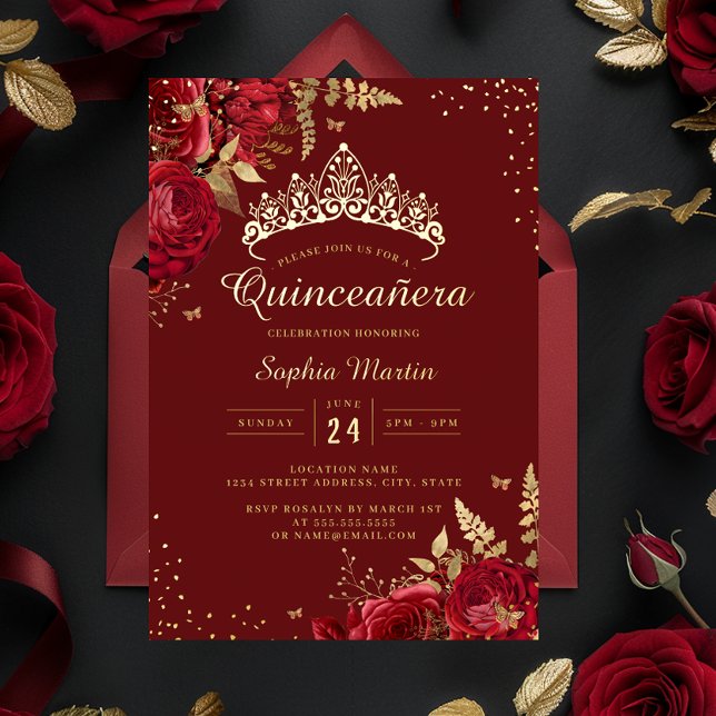 Invitación Con Relieve Metalizado Rosa floral rojo de mariposa dorada Quinceanera (Subido por el creador)