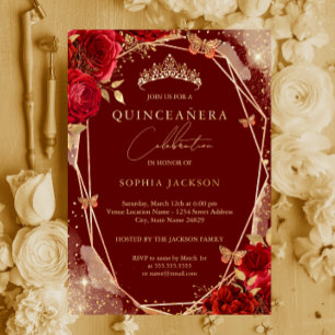 Invitación Con Relieve Metalizado Rosa floral rojo oro Tiara Quinceanera Relieve met