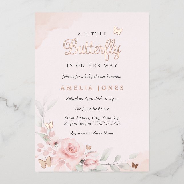 Invitación Con Relieve Metalizado Rosa floral rosa mariposa Baby Shower (Anverso)