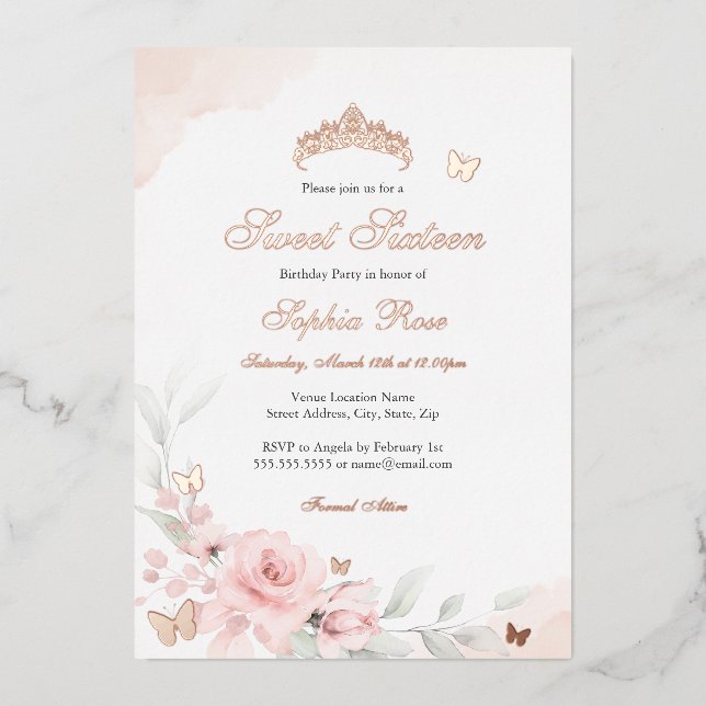 Invitación Con Relieve Metalizado Rosa Floral Rosa Mariposa Dulce Dieciséis (Anverso)