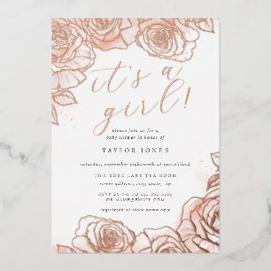 Invitación Con Relieve Metalizado Rosa floral rosa oro es un Baby Shower Chica