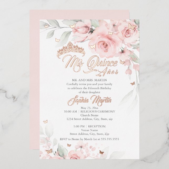 Invitación Con Relieve Metalizado Rosa floral rosa Rubor Gold Mis Quince Quinceanera (Anverso/Reverso)