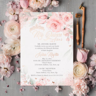 Invitación Con Relieve Metalizado Rosa floral rosa Rubor Gold Mis Quince Quinceanera