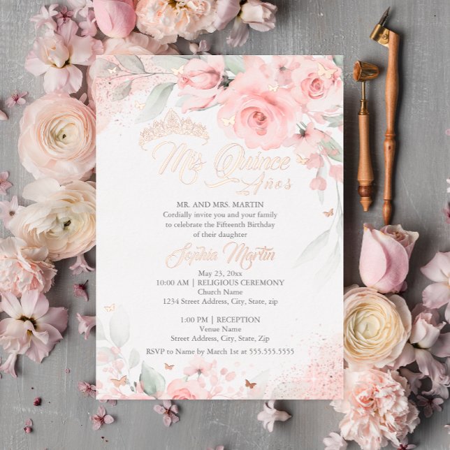 Invitación Con Relieve Metalizado Rosa floral rosa Rubor Gold Mis Quince Quinceanera (Subido por el creador)