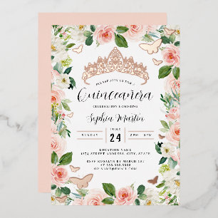 Invitación Con Relieve Metalizado Rosa Floral rosa Tiara Mariposa Quinceanera