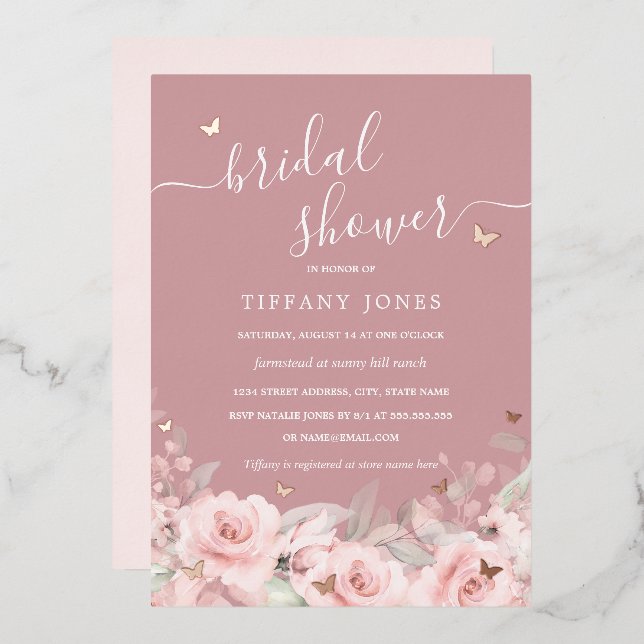 Invitación Con Relieve Metalizado Rosa floral rosada Mariposa dorada Ducha de novia (Anverso/Reverso)