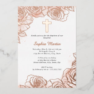 Invitación Con Relieve Metalizado Rosa floral rosado Bautismo Chica de oro