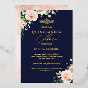 Invitación Con Relieve Metalizado Rosa Floral Rubor Azul Quinceañera Cumpleaños