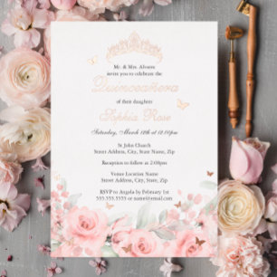 Invitación Con Relieve Metalizado Rosa floral Rubor Mariposa de oro Quinceanera