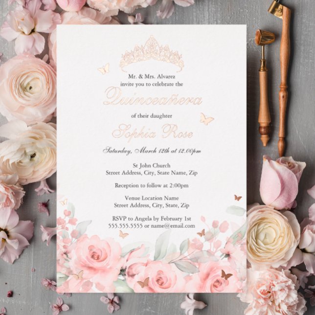 Invitación Con Relieve Metalizado Rosa floral Rubor Mariposa de oro Quinceanera (Subido por el creador)