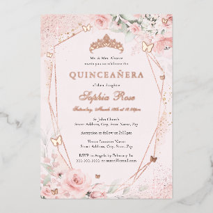 Invitación Con Relieve Metalizado Rosa Floral Rubor Mariposa rosa Quinceanera