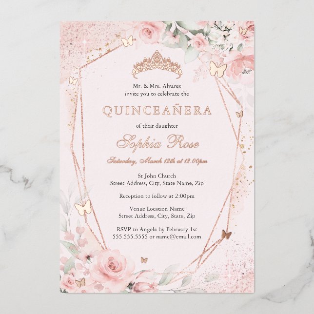 Invitación Con Relieve Metalizado Rosa Floral Rubor Mariposa rosa Quinceanera (Anverso)