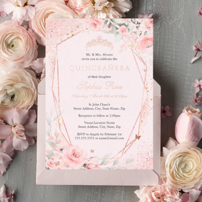 Invitación Con Relieve Metalizado Rosa Floral Rubor Mariposa rosa Quinceanera (Subido por el creador)
