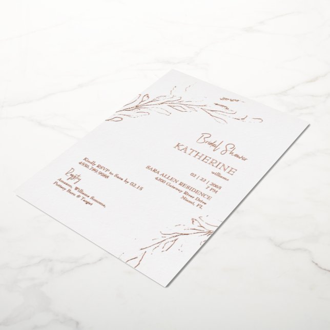 Invitación Con Relieve Metalizado Rosa Foliage Bridal Shower Rosa Gold (girado)