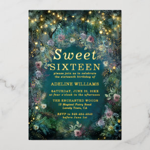 Invitación Con Relieve Metalizado Rosa forestal encantado Dulce mágico de oro de had