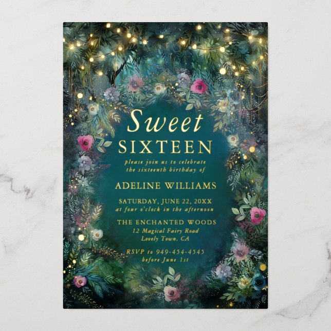 Invitación Con Relieve Metalizado Rosa forestal encantado Hada Woodland Sweet 16 (Anverso)