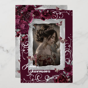 Invitación Con Relieve Metalizado Rosa fotográfico Quinceanera de plata de Borgoña