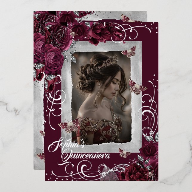 Invitación Con Relieve Metalizado Rosa fotográfico Quinceanera de plata de Borgoña (Anverso/Reverso)