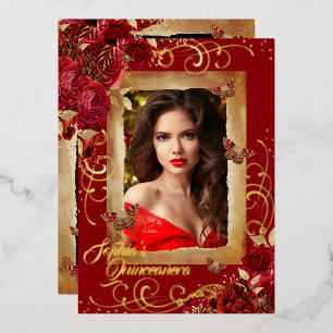 Invitación Con Relieve Metalizado Rosa fotográfico Red Quinceanera