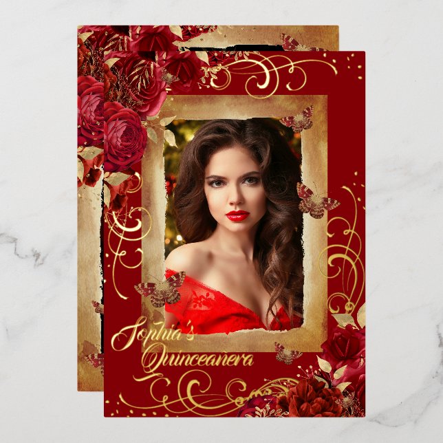 Invitación Con Relieve Metalizado Rosa fotográfico Red Quinceanera (Anverso/Reverso)