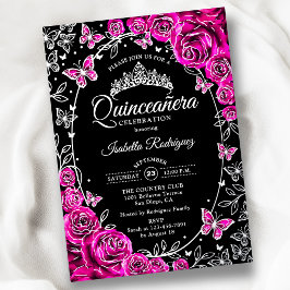 Invitación Con Relieve Metalizado Rosa fucsia plata negro Quinceañera