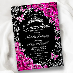 Invitación Con Relieve Metalizado Rosa fucsia plata negro Quinceañera