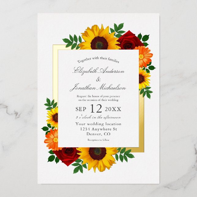 Invitación Con Relieve Metalizado Rosa Girasol Atardecer Floral Boda (Anverso)