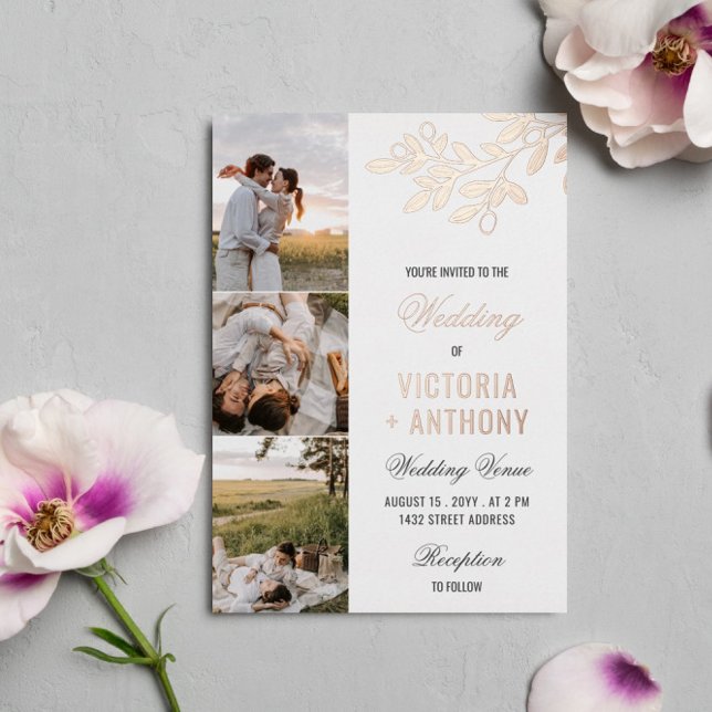 Invitación Con Relieve Metalizado Rosa Gold Berry Twig 3 Fotos Boda (Subido por el creador)