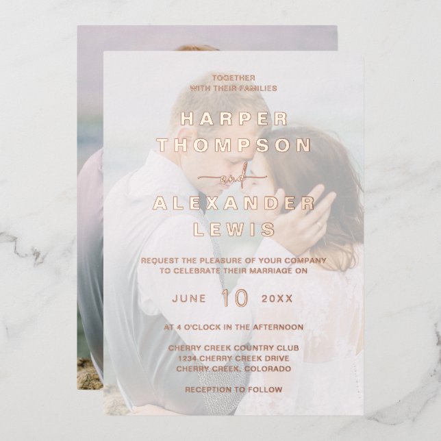 Invitación Con Relieve Metalizado Rosa Gold, Boda fotográfico moderno (Anverso/Reverso)