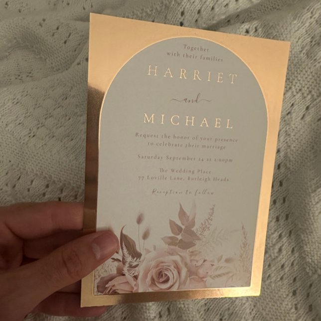 Invitación Con Relieve Metalizado Rosa Gold Boho Arch Rubor Floral Boda (Subido por el creador)