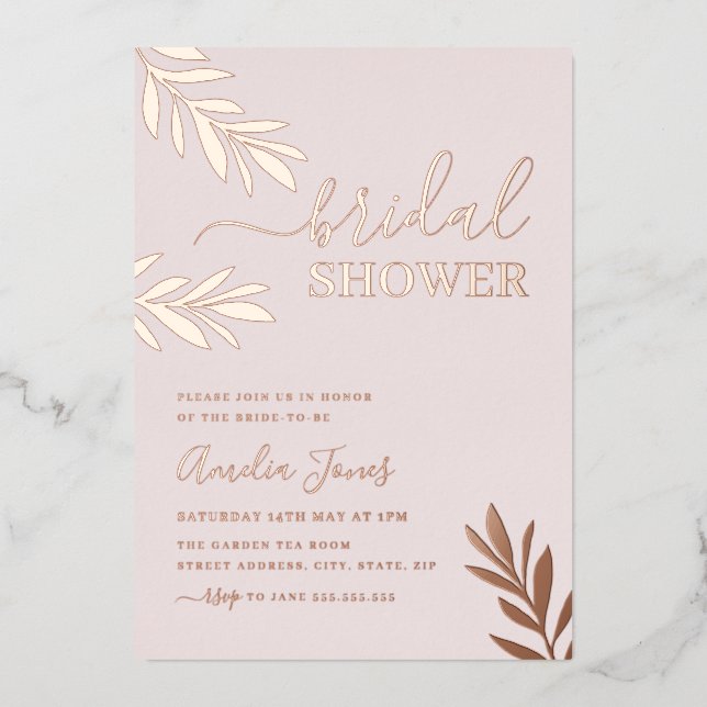 Invitación Con Relieve Metalizado Rosa Gold Boho Leaf Bridal Shower (Anverso)
