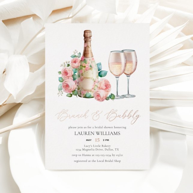 Invitación Con Relieve Metalizado Rosa Gold Champagne Brunch & Bubbly Bridal Shower (Subido por el creador)