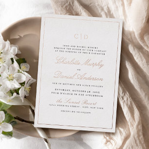 Invitación Con Relieve Metalizado Rosa Gold Classic Elegance Script Monograma Boda