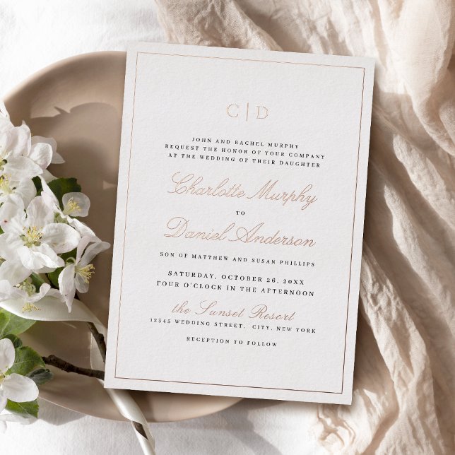 Invitación Con Relieve Metalizado Rosa Gold Classic Elegance Script Monograma Boda (Rose Gold Classic Elegance Script Monogram Wedding Foil Invitation)