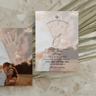 Invitación Con Relieve Metalizado Rosa Gold Elegance Script Overlay Photo Boda