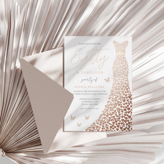 Invitación Con Relieve Metalizado Rosa Gold Heart Gown 80th Birthday Party Real (Subido por el creador)