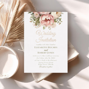 Invitación Con Relieve Metalizado Rosa Gold Peach y Boda Floral Rubor
