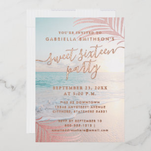 Invitación Con Relieve Metalizado Rosa Gold Real Relieve metalizado Beach Sweet 16th