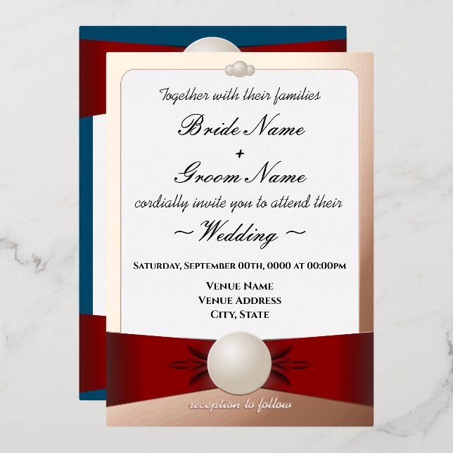 Invitación Con Relieve Metalizado Rosa Gold_Red_Blue_Pearl Cinta_Ceremonia/Recepción (Anverso/Reverso)