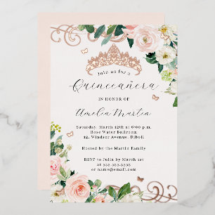 Invitación Con Relieve Metalizado Rosa Gold Rubor Floral Swirl Quinceanera