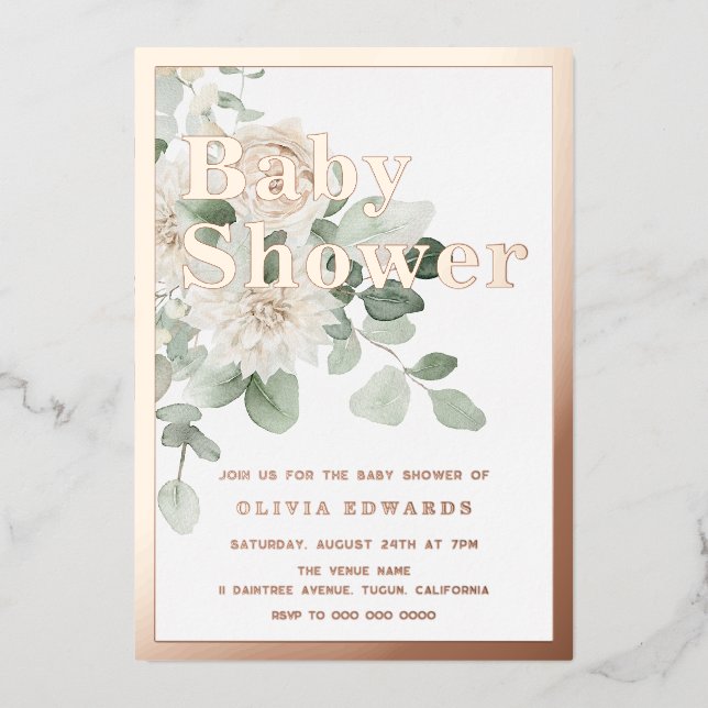 Invitación Con Relieve Metalizado Rosa Gold Sage Green White Floral Baby Shower (Anverso)