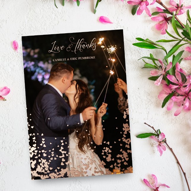 Invitación Con Relieve Metalizado Rosa Gold Sparkle Hearts 2 Fotos Amor y Gracias (Sparkle Hearts 2 Photos Wedding Love & Thanks Quote Metallic Foil Wedding Thank You Card. Rose Gold.)