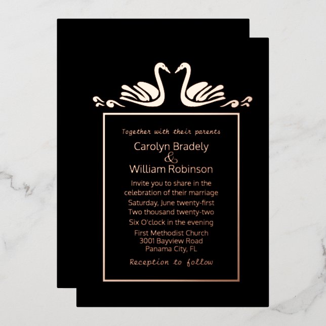 Invitación Con Relieve Metalizado Rosa Gold Swans Boda negro (Anverso/Reverso)