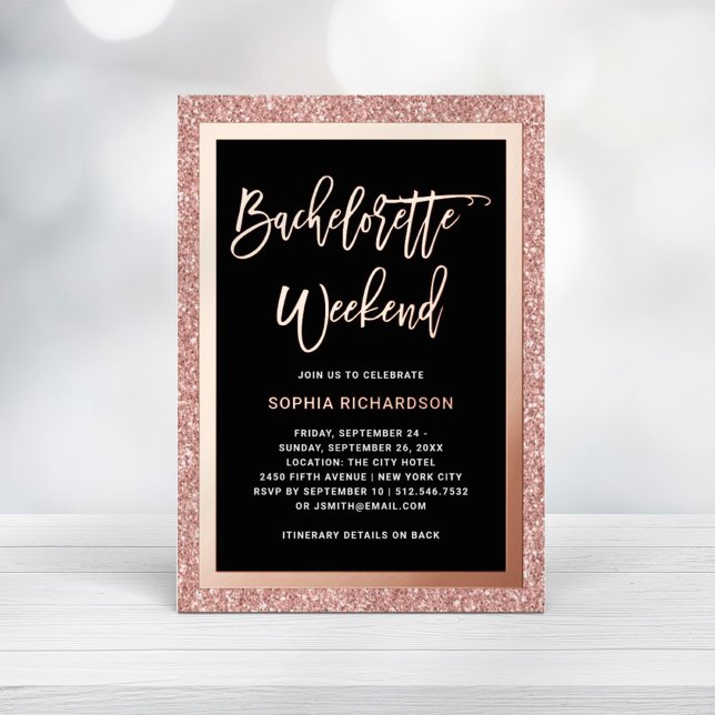 Invitación Con Relieve Metalizado Rosa Gold y Purpurina Faux | Bachelorette Weekend (Subido por el creador)