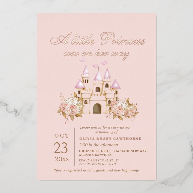 Invitación Con Relieve Metalizado Rosa Gold y Rubor Pink Princess Baby Shower (Anverso)