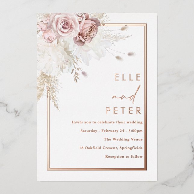 Invitación Con Relieve Metalizado Rosa Gold y un bello Boda Rubor (Anverso)