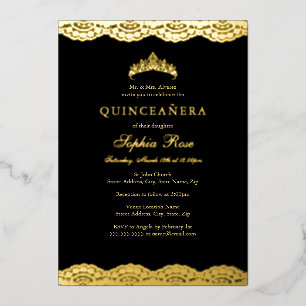 Invitación Con Relieve Metalizado Rosa Lace Negro Tiara Quinceanera Relieve metaliza