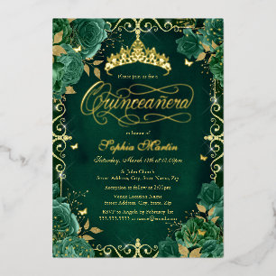 Invitación Con Relieve Metalizado Rosa Mariposa de Oro Esmeralda Real Quinceañera