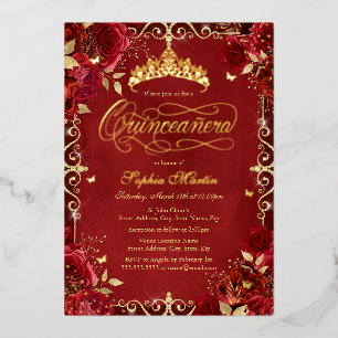 Invitación Con Relieve Metalizado Rosa Mariposa de Oro Rojo Real Quinceañera