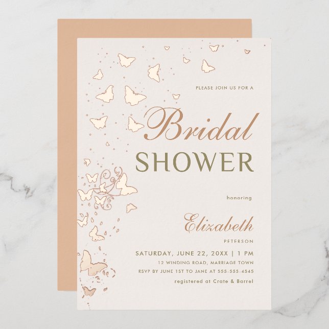 Invitación Con Relieve Metalizado Rosa Mariposa de Oro Swirls Elegant Bridal Shower (Anverso/Reverso)